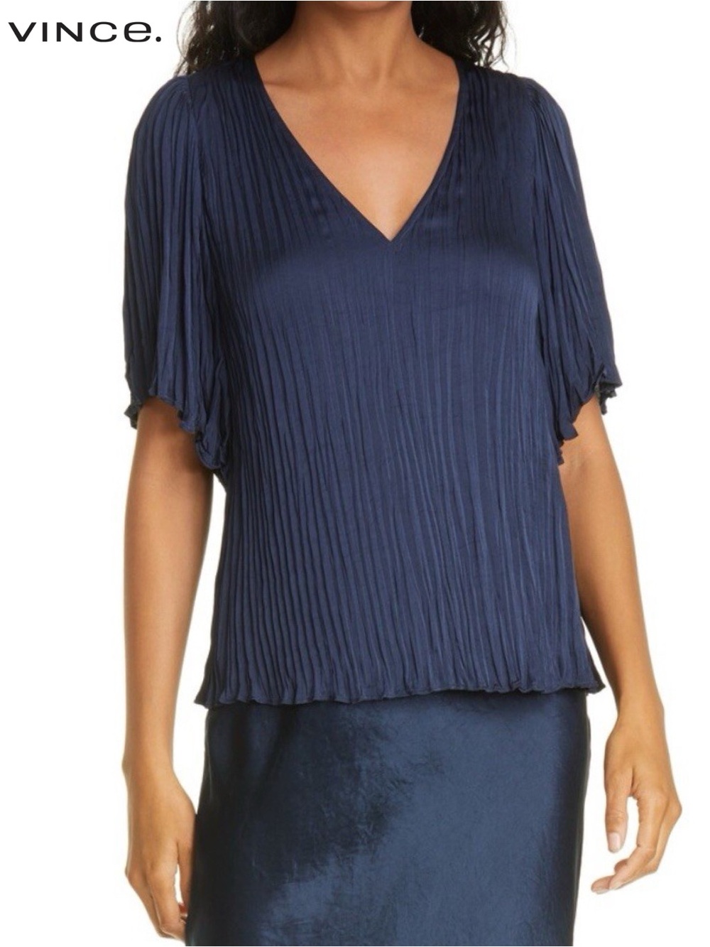 VINCE Crushed Satin Pleated Flutter Sleeve V Neck Blouse Top Navy NWT Small S